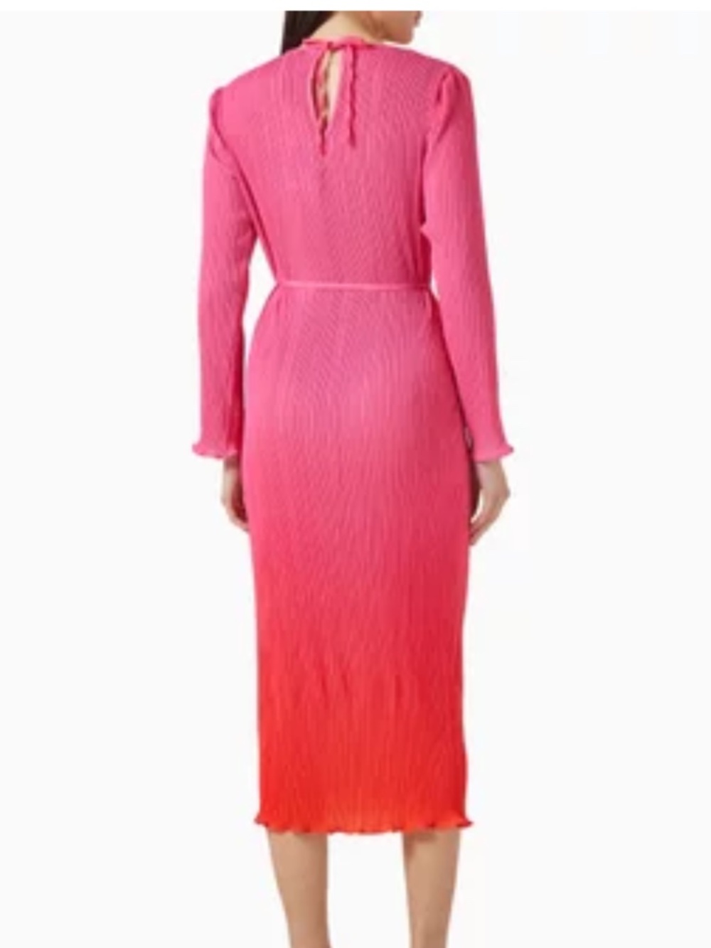 Never Fully Dressed Size 6 Pink & Red Ombre Midi Dress in Plisse Long Sleeve